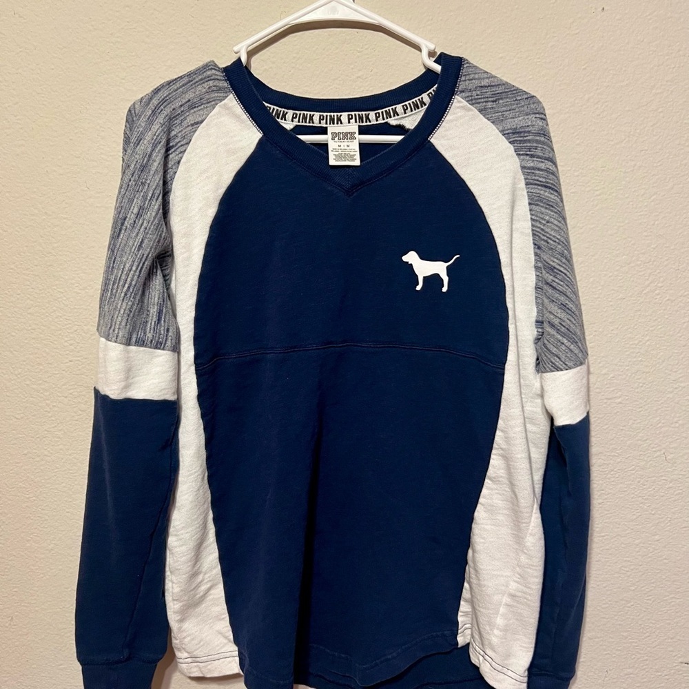 PINK Victoria's Secret Navy Colorblock Long Sleeve Shirt- Size Medium - Picture 1 of 5